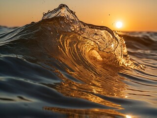 Wall Mural - A wave of water splashes in the sea with sunset golden light background