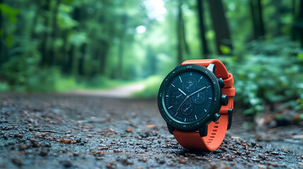 A Black and Orange Wristwatch with a Chronograph Display is Placed on a Path in a Lush Green Forest