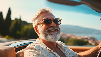 Happy bearded senior man enjoying summer road trip in Italy, luxury cabrio adventure, wealth and freedom lifestyle