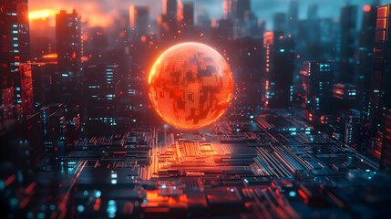 Wall Mural - Abstract 3D Futuristic Cityscape with a Glowing Red Sphere, Illuminated with Neon Lights and Textures.