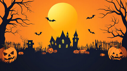 Vector illustration of Halloween background with pumpkins, haunted house and full moon on orange background. Black outline separates each element, Halloween banner template in simple flat style.