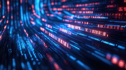 Abstract digital data flow with glowing lines and binary code in blue and red colors.