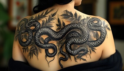 Intricate snake tattoo featuring veinlike patterns weaving along its sinuous form