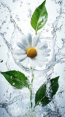 Wall Mural - White daisy flower with green leaves splashing in water.