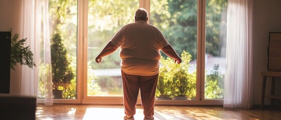 Elderly person with obesity engaging in light exercise at home, highlighting the effort to stay active despite weight challenges