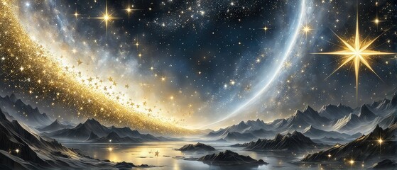 Starry Night Sky over Mountains and Lake