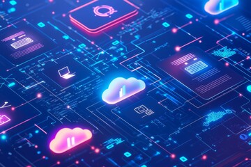 A dynamic cross-platform integration environment with cloud services and mobile apps syncing data. Users are accessing and managing their information across different devices, Generative AI