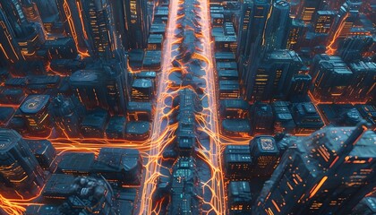 Wall Mural - Futuristic cityscape illuminated by glowing veinlike energy patterns on the streets, viewed from an aerial perspective