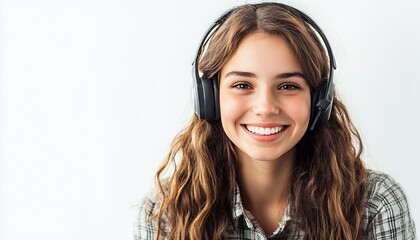 Sticker - Happy young woman wearing headphones, looking at the camera with a smile and white teeth.