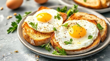 Two fried eggs on toasted bread with fresh parsley and black pepper.