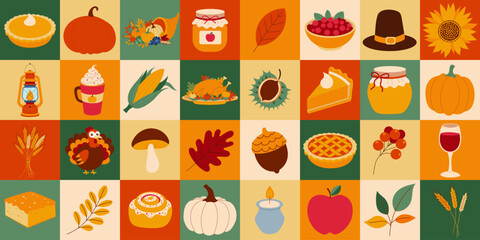 a colorful collage of fall foods including apples, pumpkins, and pies. scene is warm and festive, ev