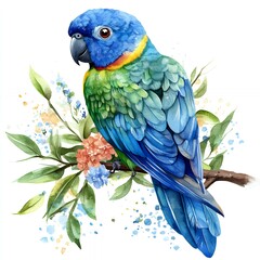 Wall Mural - A watercolor painting of a blue and green parrot perched on a branch with pink flowers and blue and green leaves.