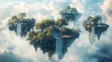 Four floating islands with waterfalls and trees in a cloudy sky.