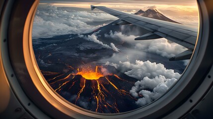 volcanic eruption seen from airplane window dramatic aerial view