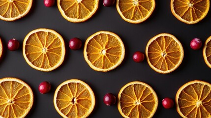 Dried orange slices and cranberries arranged in rows, top view with open copy space