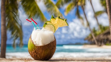 Poster - coconut cocktail on beach