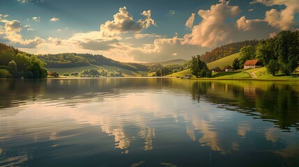 Wall Mural - Serene Lake Reflections A Tranquil Countryside Scene