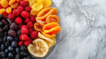 Wall Mural - Mixed dried fruit in sections on a marble board, top view, copy space on the side.