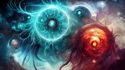 Wall Mural - Abstract Cosmic Entities with Blue and Red Energies