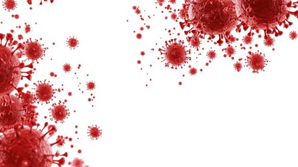 Red virus cells floating in the air on a white background, with space for copy.