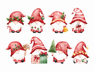 Watercolor Illustration Set of Christmas Gnomes