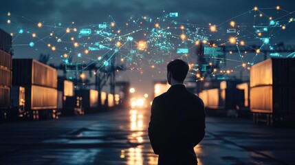 A businessman stands in front of shipping containers with a network of data and information displayed above him.