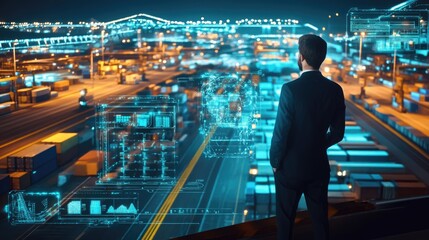 Wall Mural - A businessman stands overlooking a bustling shipping port at night, illuminated by digital data visualizations of global trade and logistics.