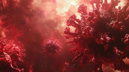 Virus illustration in red tones, floating in space, with open area for copy.