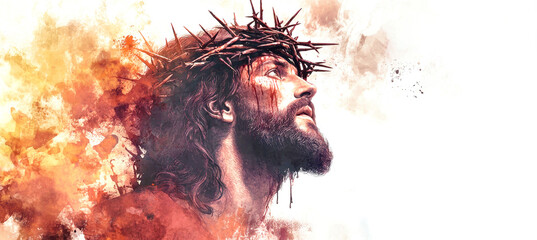 Radiant depiction of Jesus with a crown of thorns, surrounded by flames that symbolize passion and sacrifice, set against a pure white backdrop