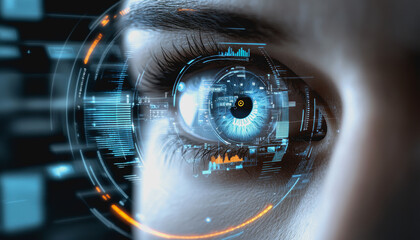 Futuristic biometric eye with holographic HUD, data overlays, and digital tracking elements