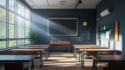 Wall Mural - A bright classroom with desks, a blackboard, and natural light streaming through windows.