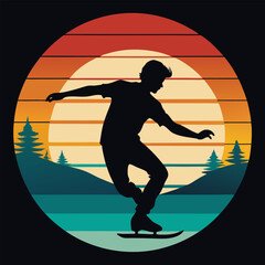 vintage silhouette skating board t shirt design in round shape, vector illustration flat 2