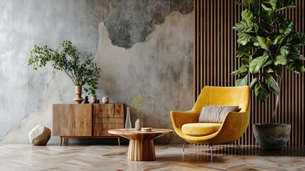 modern living room interior with yellow armchair and wooden coffee table. cozy home design with copy