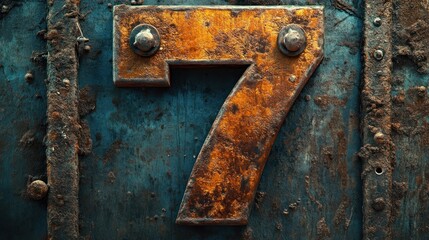 A weathered metallic number 7 on a rusty blue background, suggesting age and character.