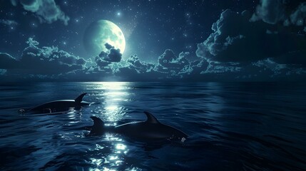 Wall Mural - Dolphins Swimming Under a Starry Night Sky