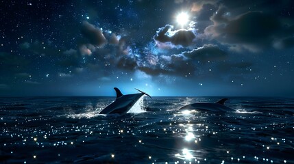 Wall Mural - Dolphins Leaping Under a Starry Night Sky