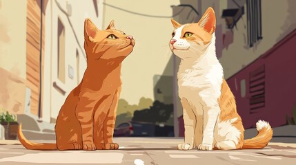 Two adorable cartoon cats, one orange tabby and one white and orange, sit together in a sunny alleyway.