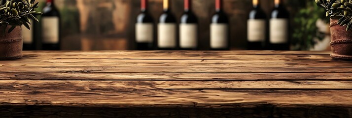 Luxe table in olive wood, background softly blurred with bottles of white wine.