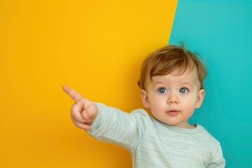 A cute baby boy with bright blue eyes smiles and points his finger towards something off camera. The yellow and blue background creates a vibrant and cheerful atmosphere.