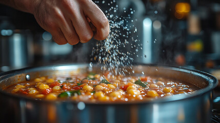 A hand sprinkles seasoning into a pot filled with vibrant ingredients, creating a delicious and inviting dish.