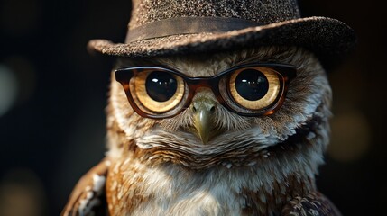 Wall Mural - owl wearing glasses and hat