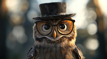 Wall Mural - owl wearing glasses and hat