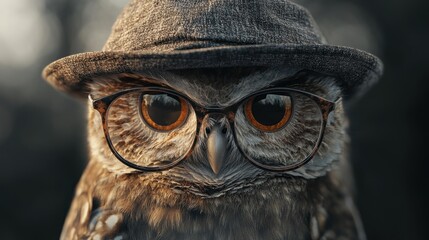 Wall Mural - owl wearing glasses and hat