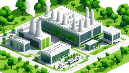 Wall Mural - Isometric Illustration of a Green Factory Building on a White Background