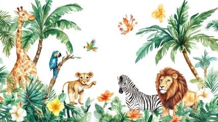 Naklejka na meble A vibrant jungle scene featuring a giraffe, lion, zebra, parrot, and a playful lion cub surrounded by lush greenery.