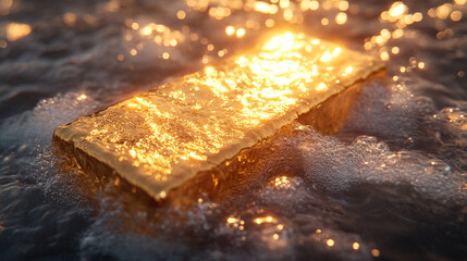 A radiant gold bar glimmers in the sunlight, surrounded by reflective water. A symbol of wealth and luxury.