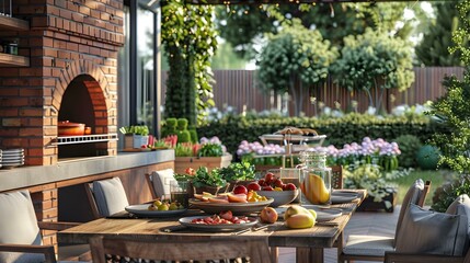 Wall Mural - Relaxing Patio Dining with Brick Fireplace and Fresh Fruit