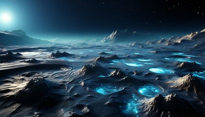 Glowing craters and mountains on an alien planet surface against a blue sky