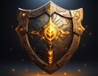 © ArtPixel-Portfolio - Golden fantasy shield with intricate carvings and a glowing center, standing guard on a dark background with sparks flying