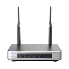 A modern wireless router with dual antennas and LED indicators designed for high-speed internet connectivity.